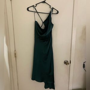 lulus asymmetrical green satin dress